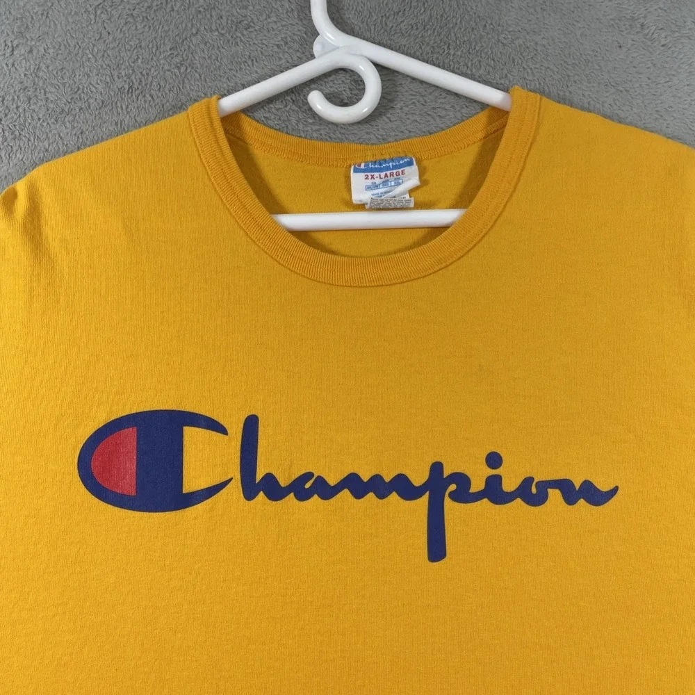 Champion Shirt Adult 2XL Yellow Spell Out Graphic Tee Short Sleeve READ - Picture 2 of 14